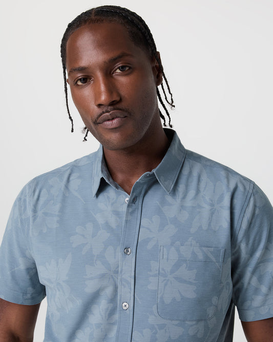 Short Sleeve Bridge Button Down Dusty Blue Plumeria | Vuori for sale