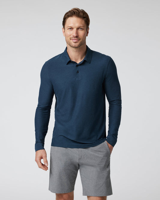 Long Sleeve Strato Tech Polo Navy Heather Blue Polo | Vuori shop